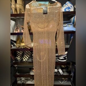 Gorg Sheer, Beaded Stretchy Sexy Tan Long Sleeve Maxi Dress NWT large  JLo/Kim K
